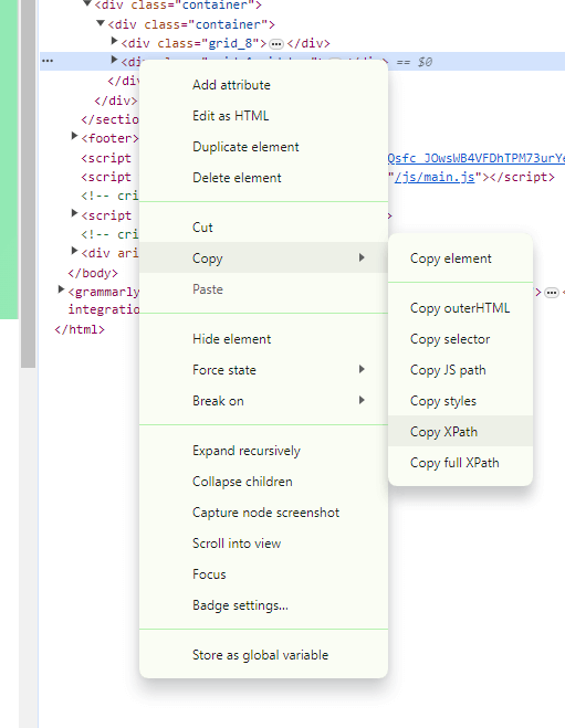Context menu in a web browser's developer tools open on HTML elements with the 'Copy XPath' option highlighted.