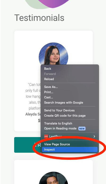 Right-click context menu on a webpage with 'Inspect' highlighted, showing the option to view a page's elements for a testimonials section.