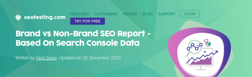 Header of an article on seotesting.com about Brand vs Non-Brand SEO Report with a colorful graphic.