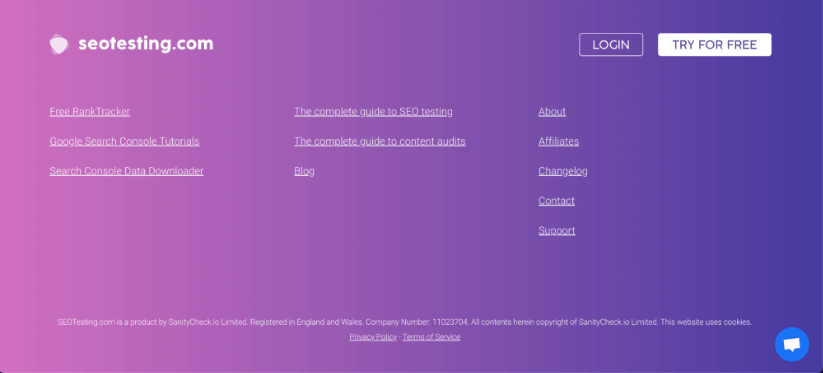 Footer of seotesting.com with menu links, company information, and privacy policy against a purple gradient background.
