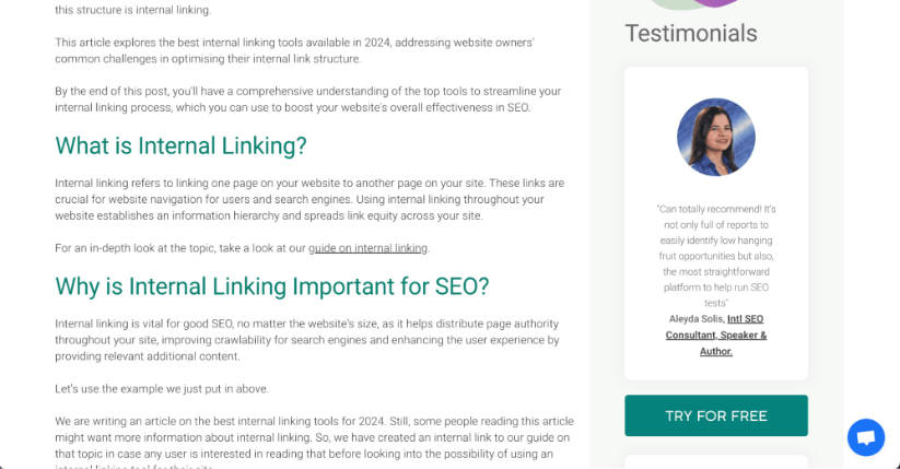 Webpage content on internal linking importance for SEO with a sidebar featuring testimonials and a try for free button.